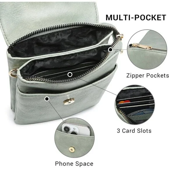 Vegan Leather Small Crossbody Bag for Women 3 Compartments Phone Wallet Travel